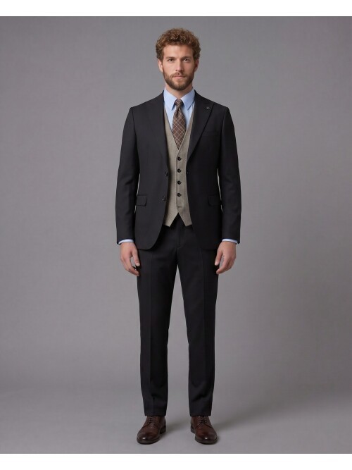 Koyu Kahverengi Sivri Yaka Çift Düğmeli Slim Fit Yelekli Takım Elbise