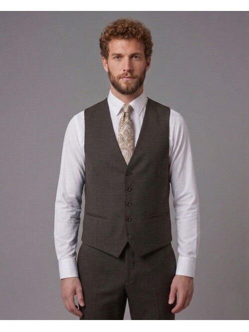 Koyu Kahverengi Sivri Yaka Çift Düğmeli Slim Fit Yelekli Takım Elbise