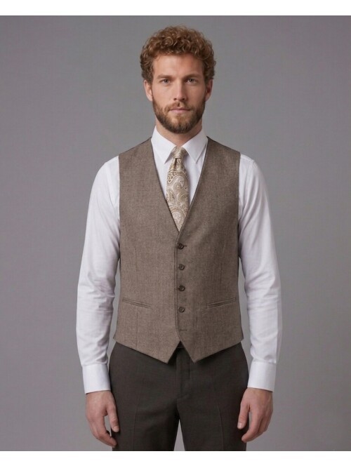 Koyu Kahverengi Sivri Yaka Çift Düğmeli Slim Fit Yelekli Takım Elbise