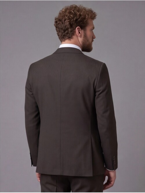 Koyu Kahverengi Sivri Yaka Çift Düğmeli Slim Fit Yelekli Takım Elbise