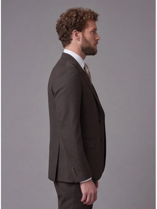 Koyu Kahverengi Sivri Yaka Çift Düğmeli Slim Fit Yelekli Takım Elbise