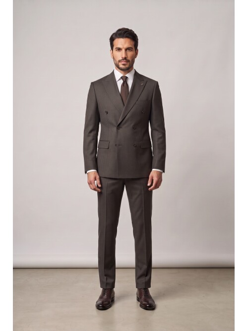 Dark Brown Peak Lapel Pinstripe Double Breasted Suit