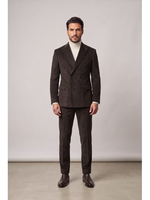 Dark Brown Peak Lapel Velvet Double Breasted Suit