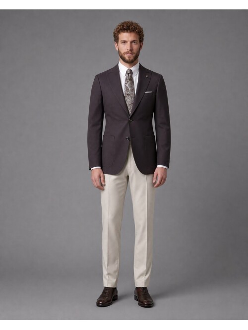 Koyu Kahverengi Sivri Yaka Slim Fit Kombinli Erkek Takım Elbise