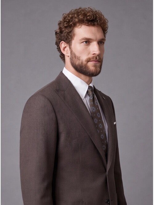 Koyu Kahverengi Sivri Yaka Slim Fit Kombinli Erkek Takım Elbise
