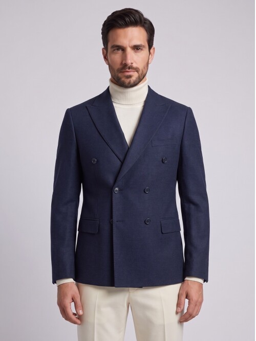Dark Navy Peak Lapel Double-Breasted Blazer