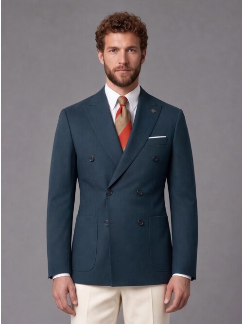 Koyu Yeşil Kruvaze Ceket Bej Pantolon Kombinli Slim Fit Takım Elbise