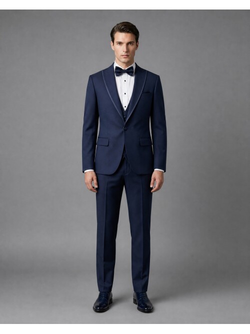Lacivert Çıkma Sivri Yaka Slim Fit Tek Düğme Damatlık