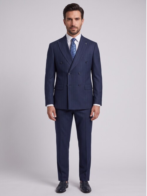 Navy Striped Regular Fit Double Breasted Suit