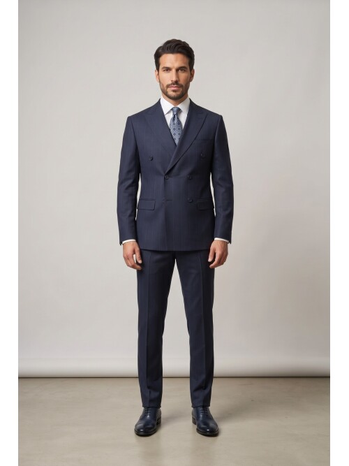 Navy Blue Striped Peak Lapel Double Breasted 6 Button Comfort Fit Suit