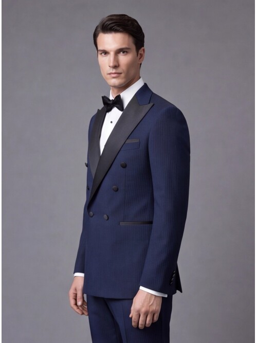 Navy Pinstripe Slim Fit Double Breasted Tuxedo