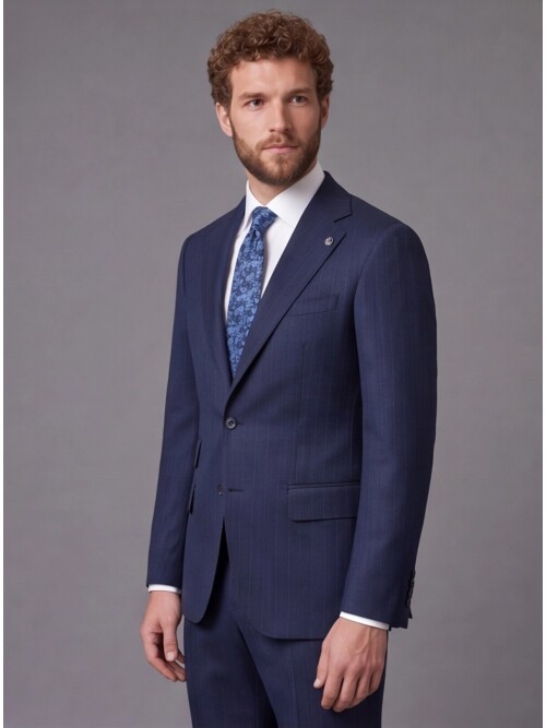 Navy Striped Slim Fit Mandarin Collar 2-Button Suit