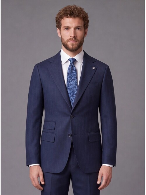 Navy Striped Slim Fit Mandarin Collar 2-Button Suit