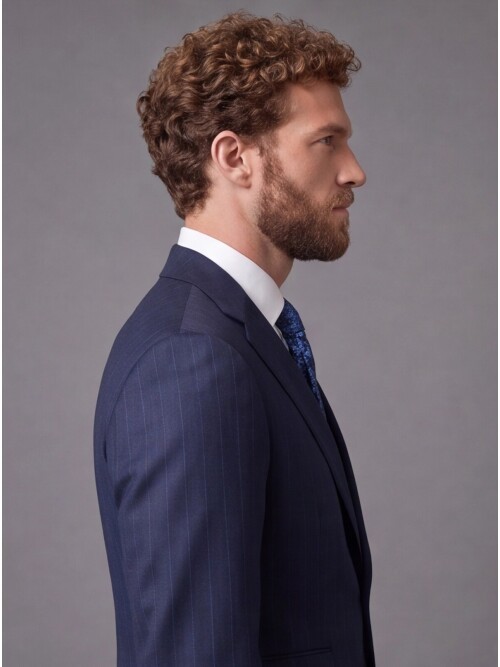 Navy Striped Slim Fit Mandarin Collar 2-Button Suit