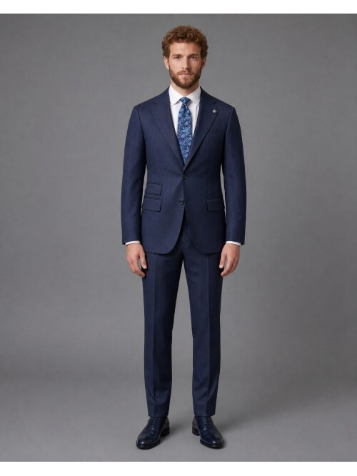 Navy Striped Slim Fit Mandarin Collar 2-Button Suit