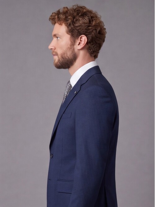 Navy Striped Slim Fit Mandarin Collar 2-Button Suit