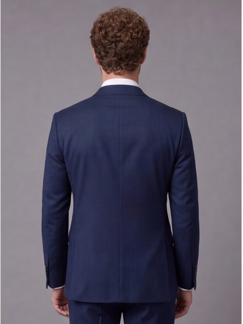 Navy Striped Slim Fit Mandarin Collar 2-Button Suit