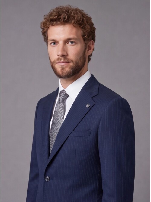Navy Striped Slim Fit Mandarin Collar 2-Button Suit