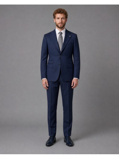 Navy Striped Slim Fit Mandarin Collar 2-Button Suit