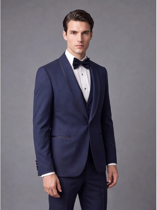 Navy Pinstripe Slim Fit Shawl Lapel One Button Tuxedo