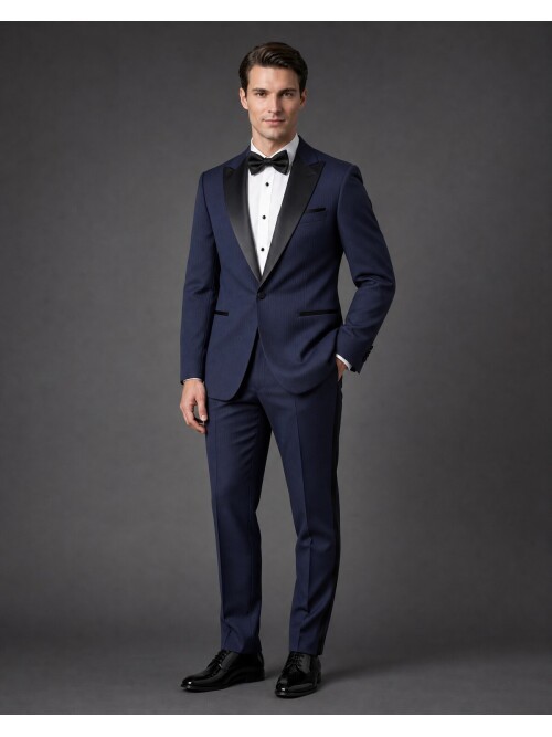 Lacivert Çizgili Slim Fit Sivri Yaka Tek Düğme Damatlık