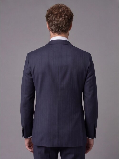 Lacivert Çizgili Yünlü Mono Yaka Comfort Fit Takım Elbise
