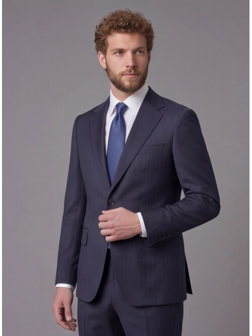 Lacivert Çizgili Yünlü Mono Yaka Comfort Fit Takım Elbise