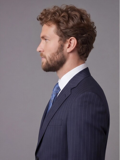 Lacivert Çizgili Yünlü Mono Yaka Comfort Fit Takım Elbise