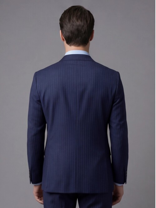 Lacivert Çizgili Yünlü Mono Yaka Regular Fit 2 Düğme Takım Elbise