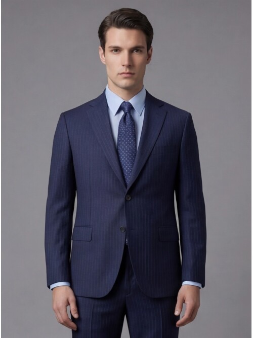 Lacivert Çizgili Yünlü Mono Yaka Regular Fit 2 Düğme Takım Elbise