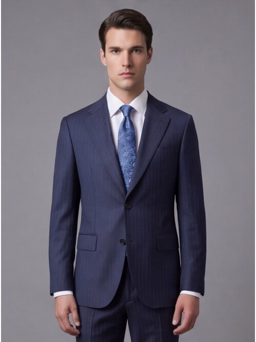 Navy Blue Pinstripe Wool Notch Lapel Regular Fit Suit