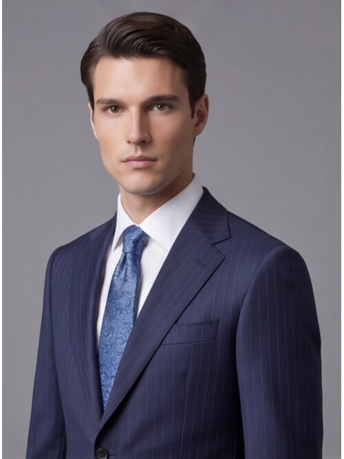 Navy Blue Pinstripe Wool Notch Lapel Regular Fit Suit