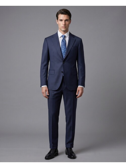 Navy Blue Pinstripe Wool Notch Lapel Regular Fit Suit