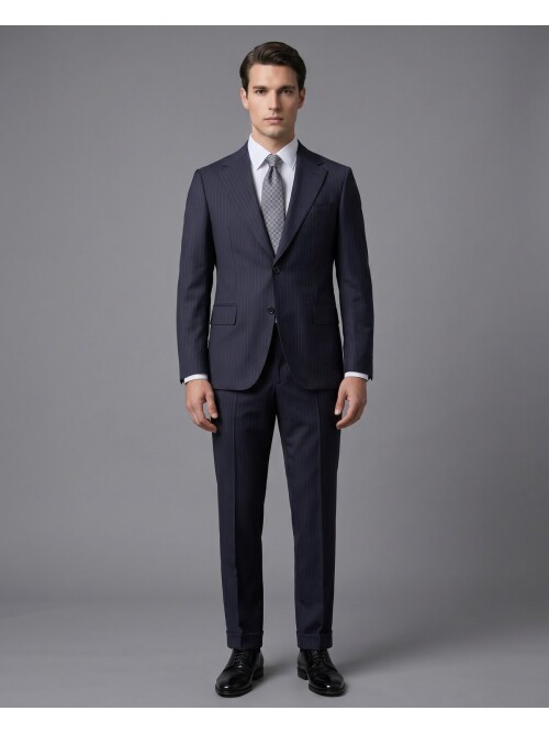 Lacivert Çizgili Yünlü Mono Yaka Regular Fit Takım Elbise