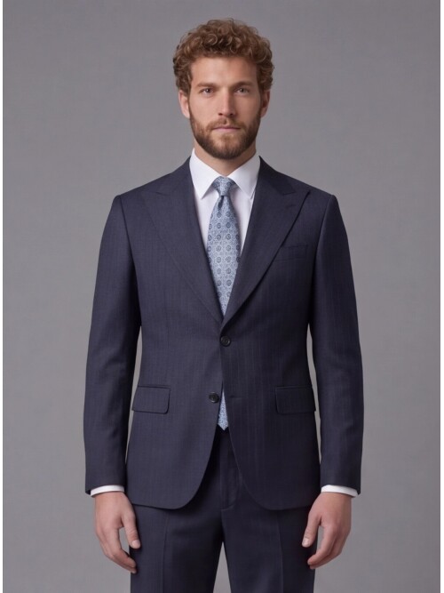 Lacivert Çizgili Yünlü Sivri Yaka Comfort Fit Takım Elbise