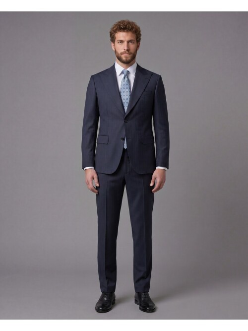 Lacivert Çizgili Yünlü Sivri Yaka Comfort Fit Takım Elbise