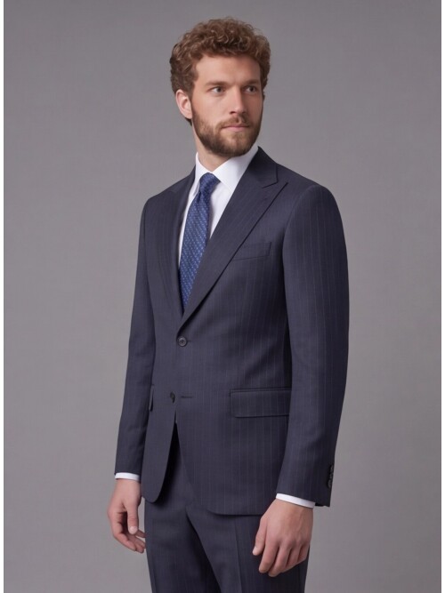 Lacivert Çizgili Yünlü Sivri Yaka Comfort Fit Takım Elbise