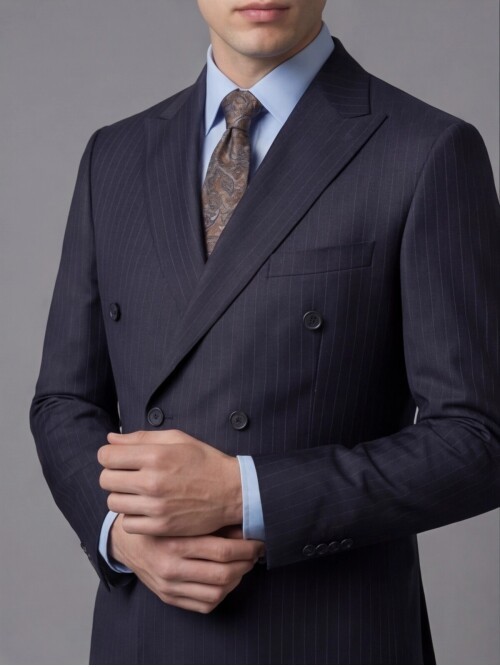 Lacivert Çizgili Yünlü Sivri Yaka Kruvaze Regular Fit 6 Düğme Takım Elbise