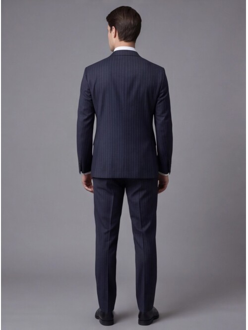 Lacivert Çizgili Yünlü Sivri Yaka Regular Fit Takım Elbise
