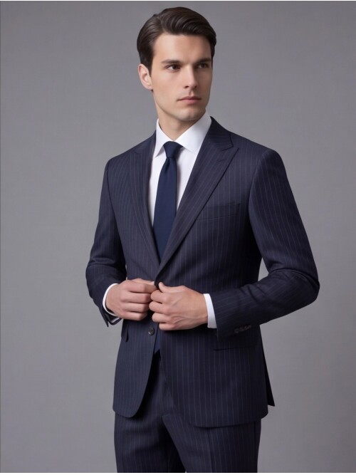 Lacivert Çizgili Yünlü Sivri Yaka Regular Fit Takım Elbise