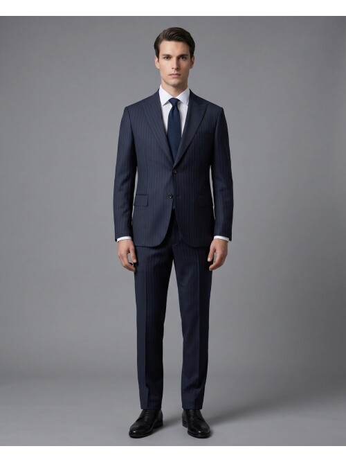 Lacivert Çizgili Yünlü Sivri Yaka Regular Fit Takım Elbise