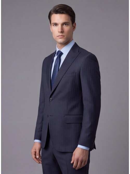 Lacivert Çizgili Yünlü Sivri Yaka Regular Fit Takım Elbise