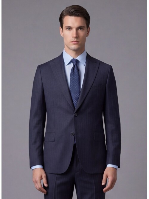 Lacivert Çizgili Yünlü Sivri Yaka Regular Fit Takım Elbise