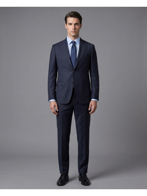 Lacivert Çizgili Yünlü Sivri Yaka Regular Fit Takım Elbise