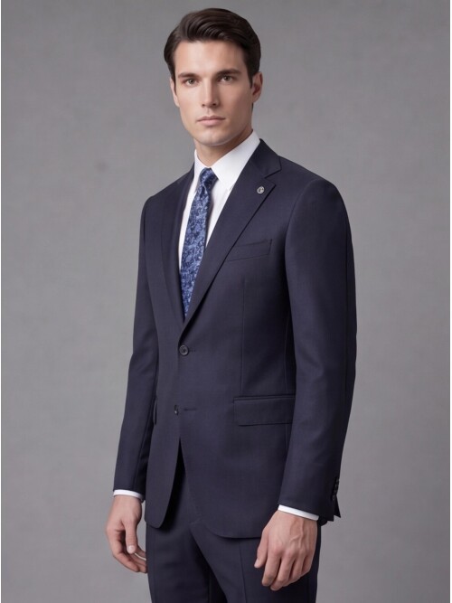 Navy Blue Comfort Fit Notch Lapel Wool Suit