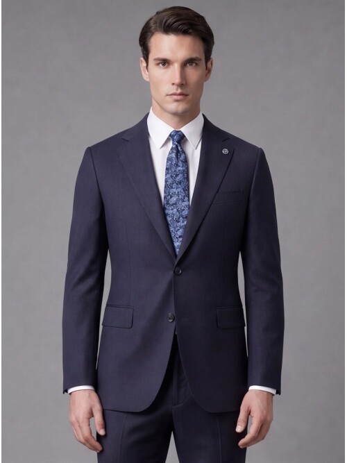 Navy Blue Comfort Fit Notch Lapel Wool Suit