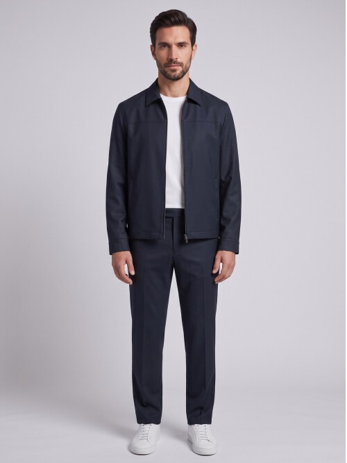 Navy Zip-Up Smart Casual Jacket & Trousers Mens Set