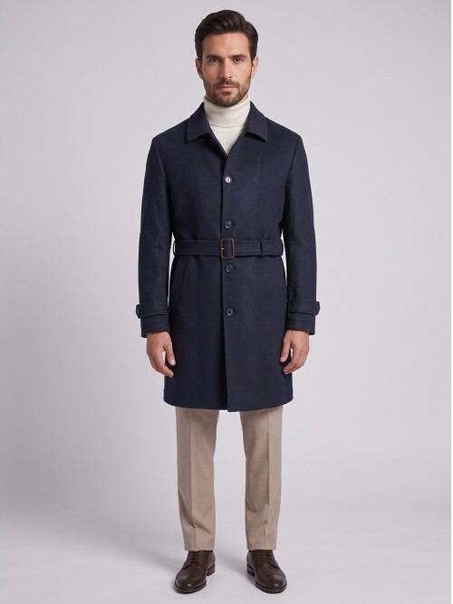 Dark Navy Shirt Collar Oversize Wool Coat