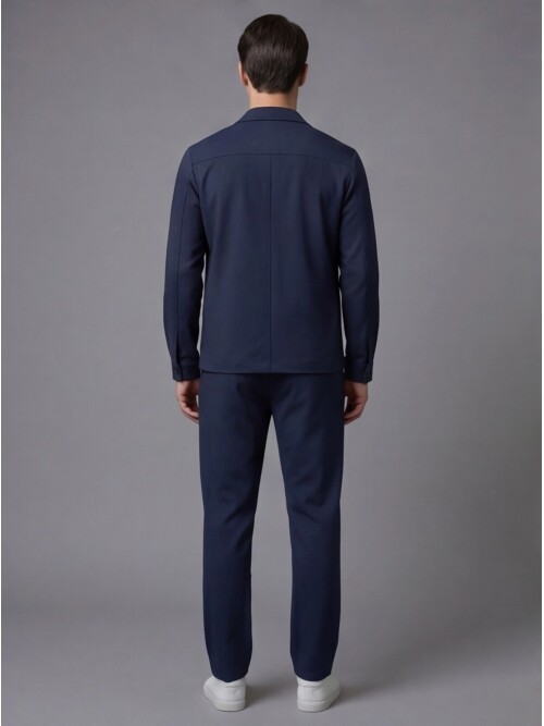 Lacivert Gömlek Yaka Safari Cep Comfort Fit Spor Takım