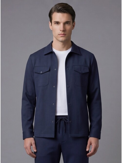 Lacivert Gömlek Yaka Safari Cep Comfort Fit Spor Takım